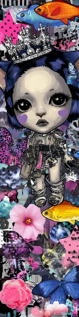 Free kawaii bookmark featuring a cool-faced girl with a fish